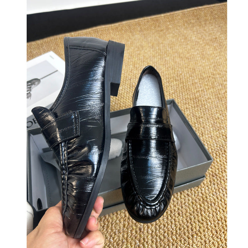 In-Stock Eel-Pattern Chunky Heel Loafers for Women, New Spring/Summer Versatile Slip-On Round-Toe French British Style Leather Shoes