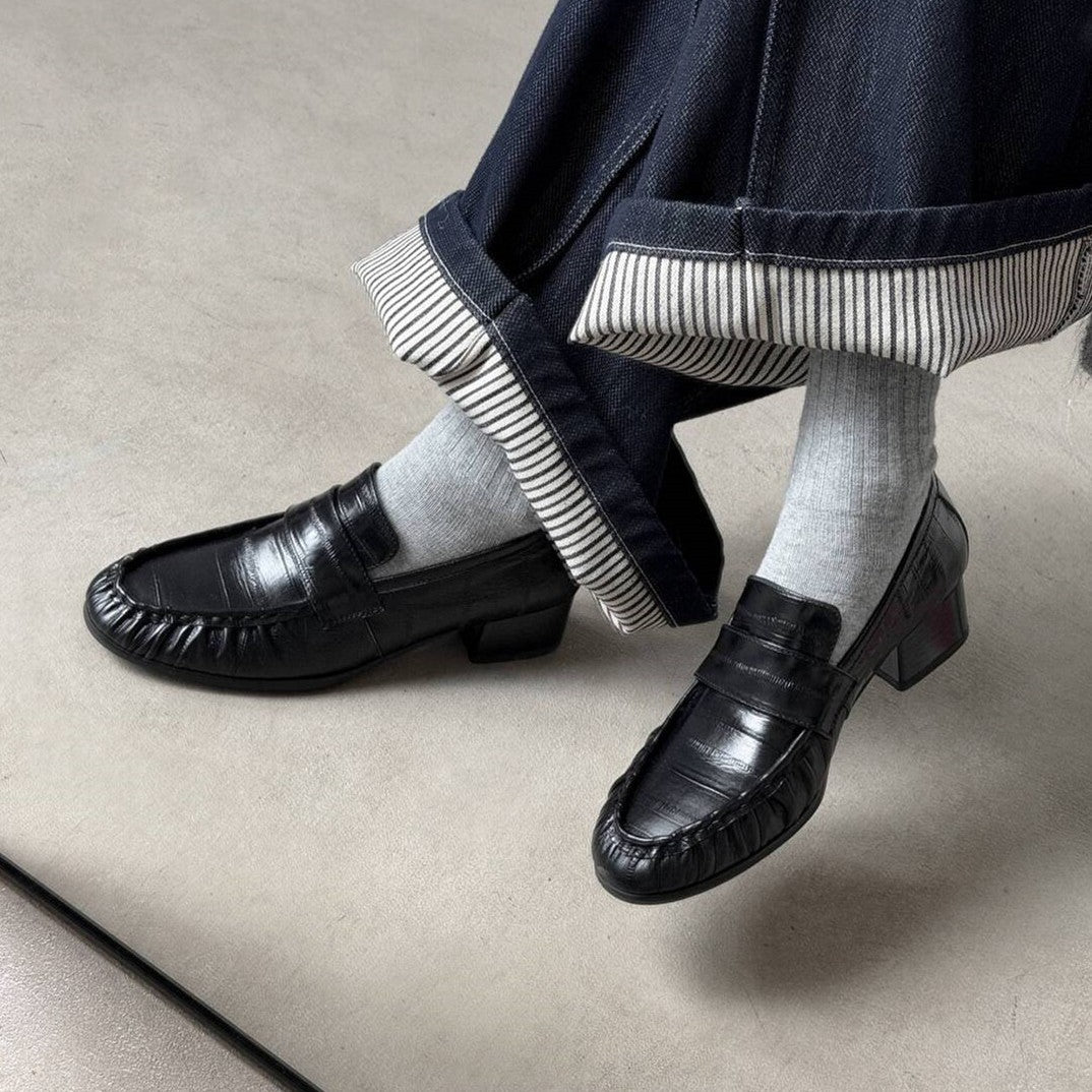 In-Stock Eel-Pattern Chunky Heel Loafers for Women, New Spring/Summer Versatile Slip-On Round-Toe French British Style Leather Shoes