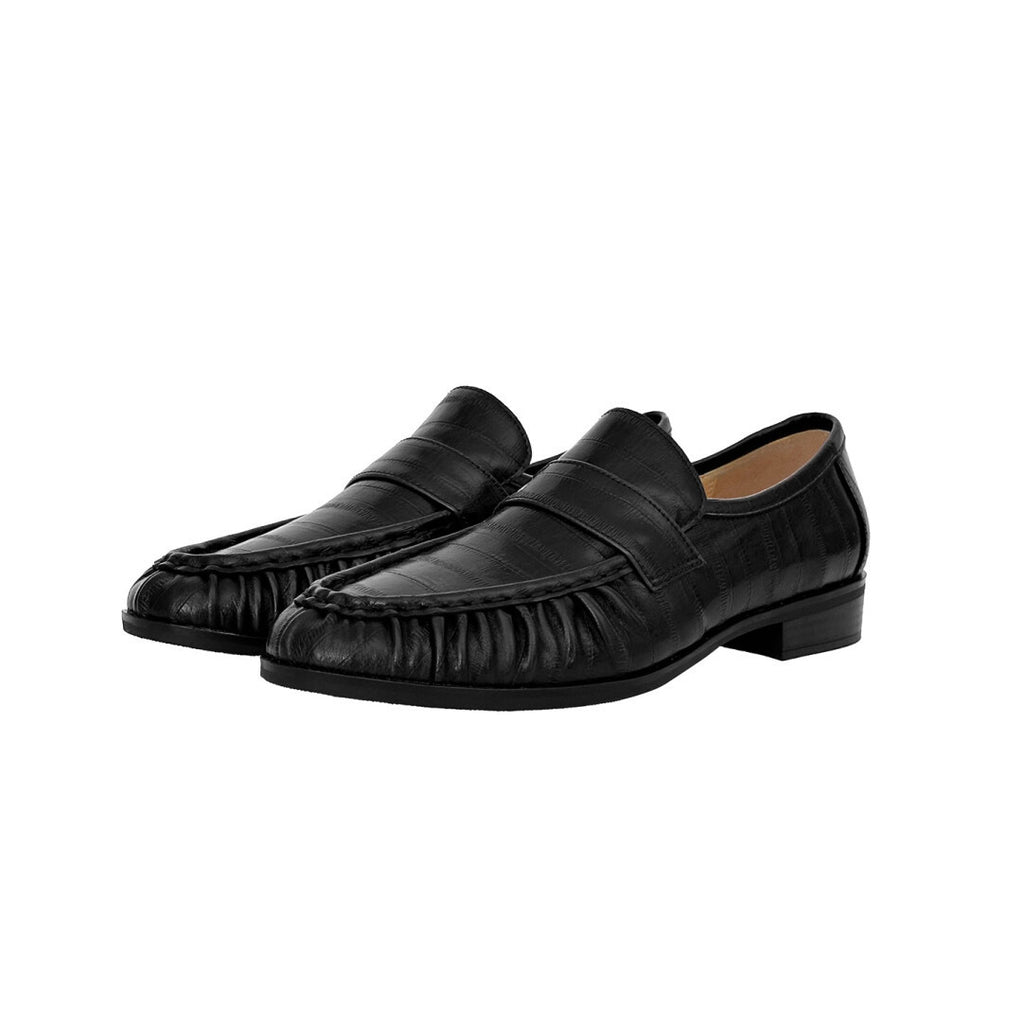 In-Stock Eel-Pattern Chunky Heel Loafers for Women, New Spring/Summer Versatile Slip-On Round-Toe French British Style Leather Shoes