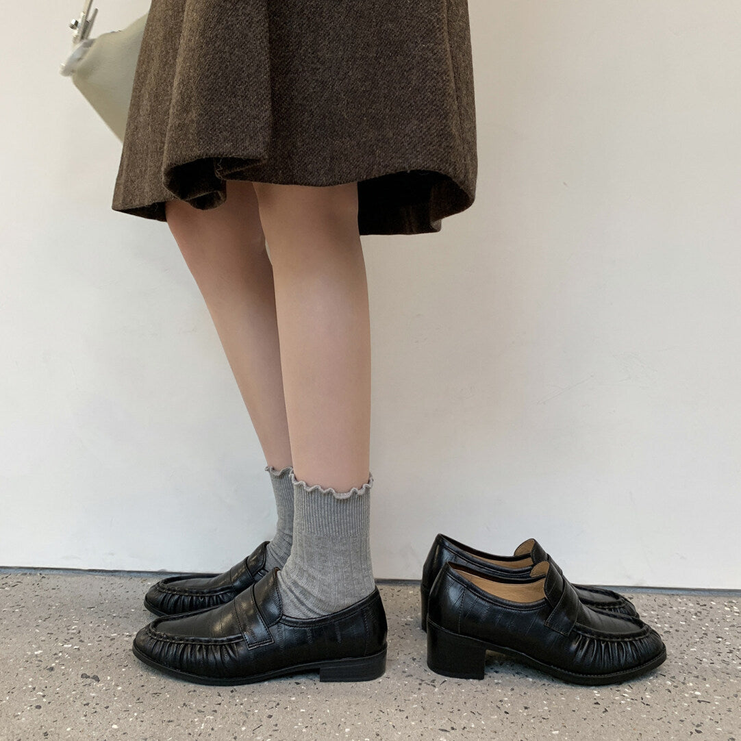 In-Stock Eel-Pattern Chunky Heel Loafers for Women, New Spring/Summer Versatile Slip-On Round-Toe French British Style Leather Shoes