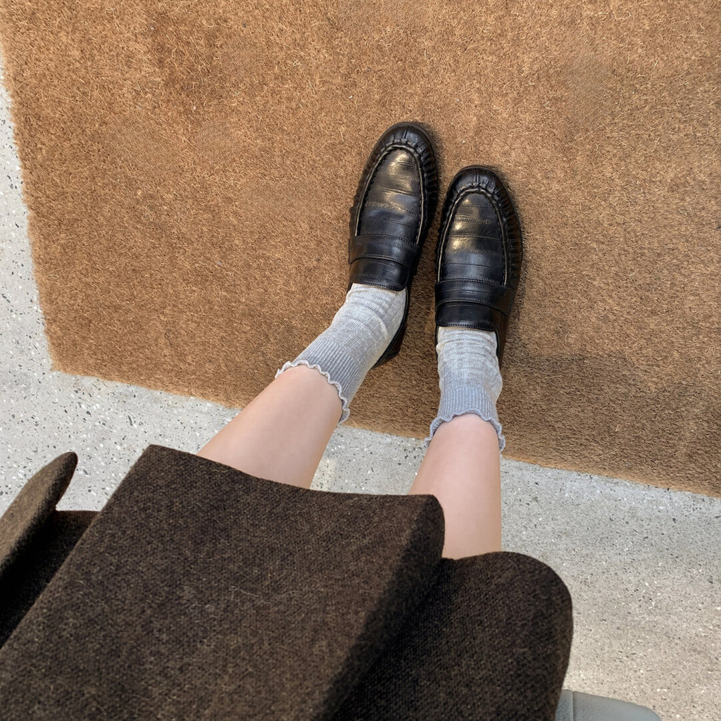 In-Stock Eel-Pattern Chunky Heel Loafers for Women, New Spring/Summer Versatile Slip-On Round-Toe French British Style Leather Shoes